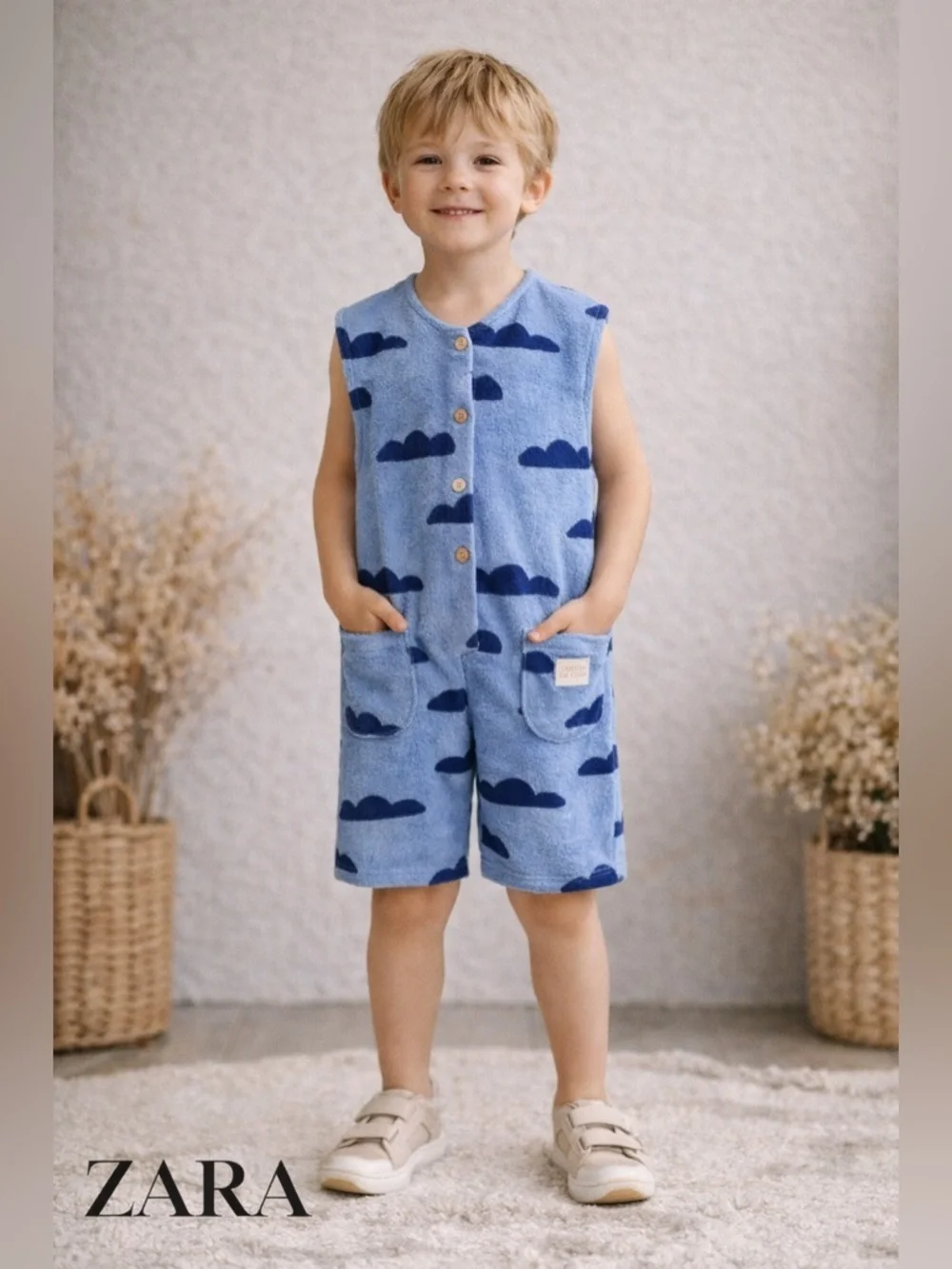 ZARA Boys Blue Cloud Print Terry Jumpsuit NWT Size 6